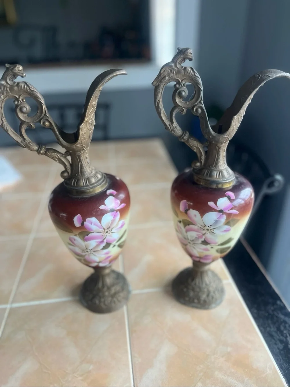 Vintage Hand-Painted Floral Glass Ewers Matching Pair Ornate Metal